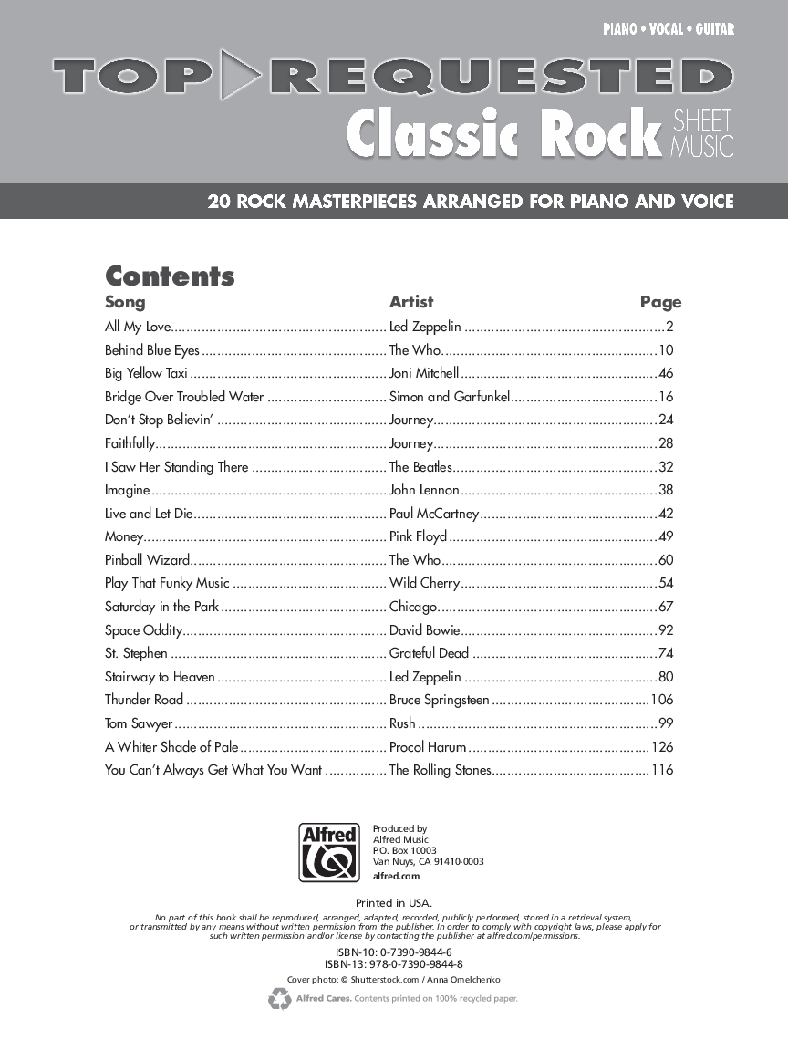 Top Requested Classic Rock Sheet Music P/V/G