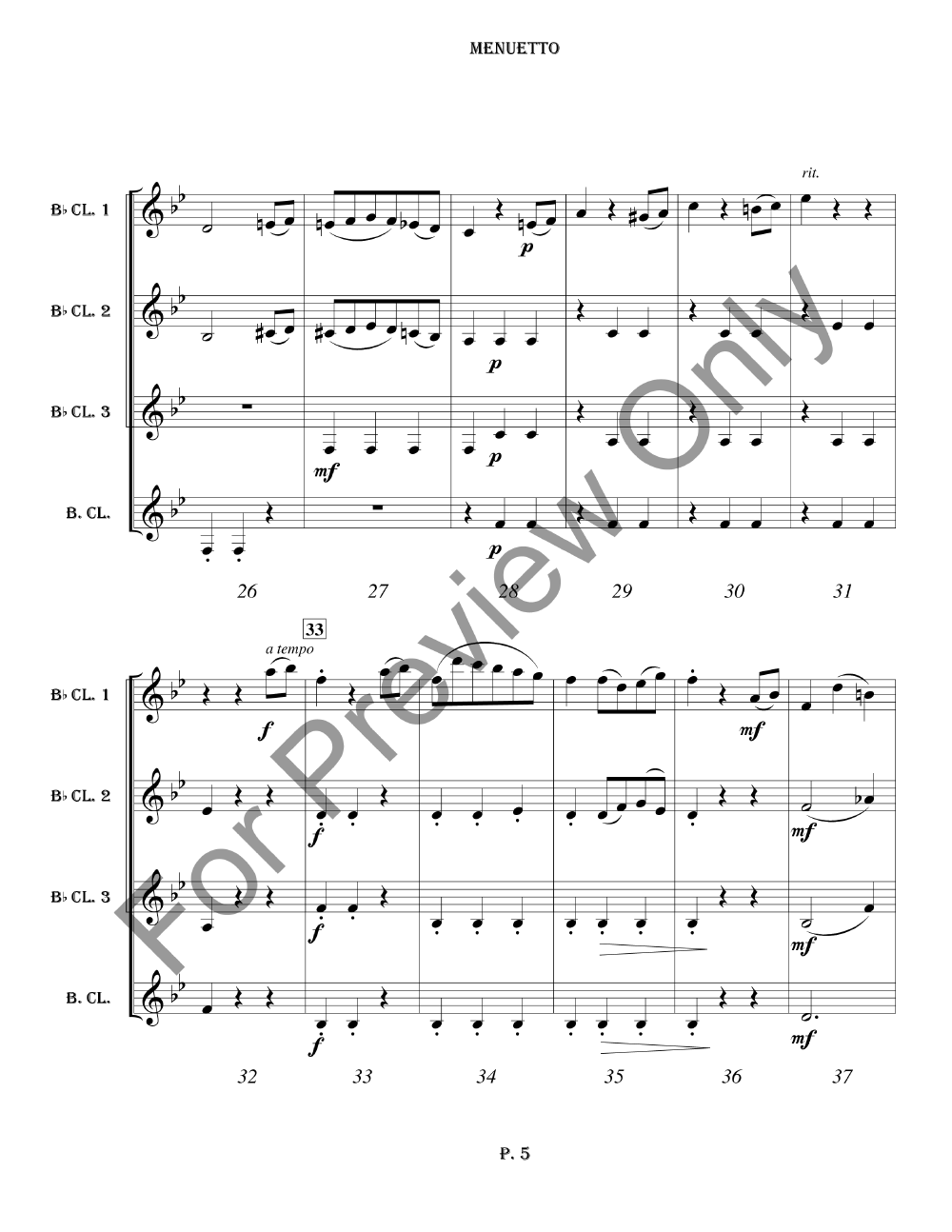 Menuetto, Op. 64, #3 Clarinet Quartet