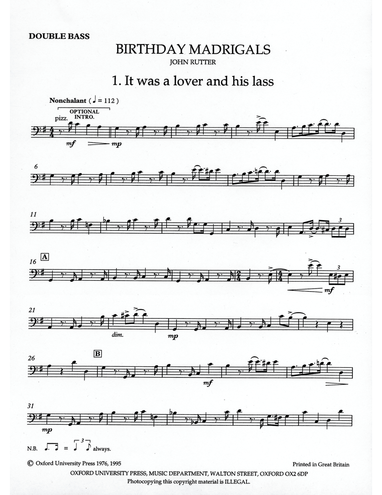 Birthday Madrigals Double Bass Part