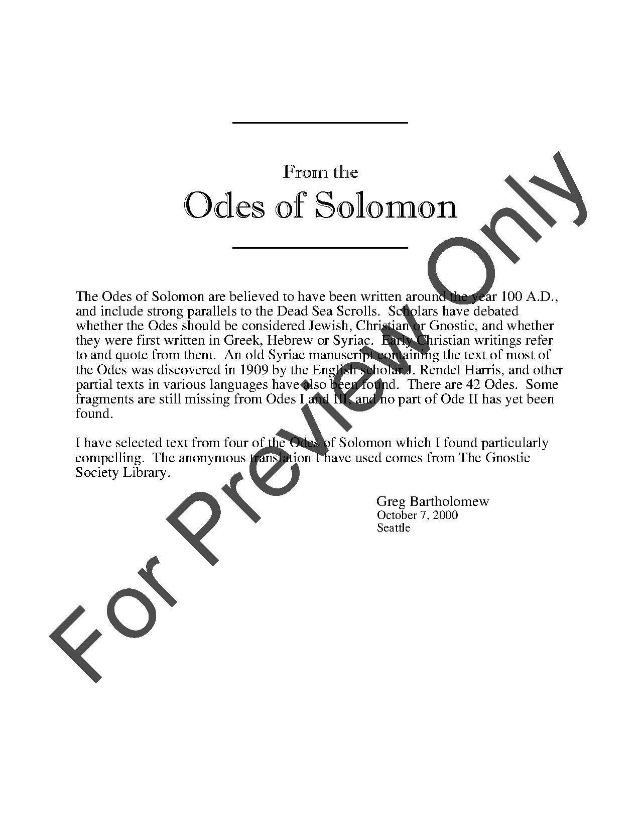 From the Odes of Solomon P.O.D.