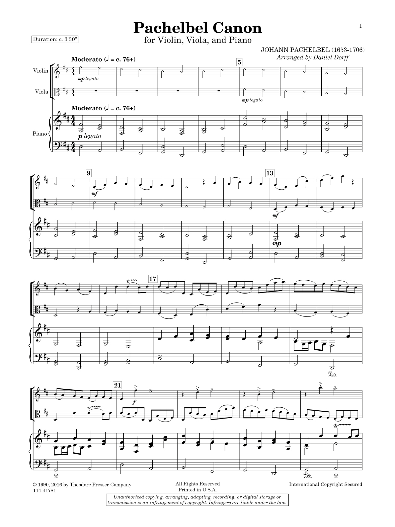 PACHELBEL CANON Violin Viola and Piano Trio