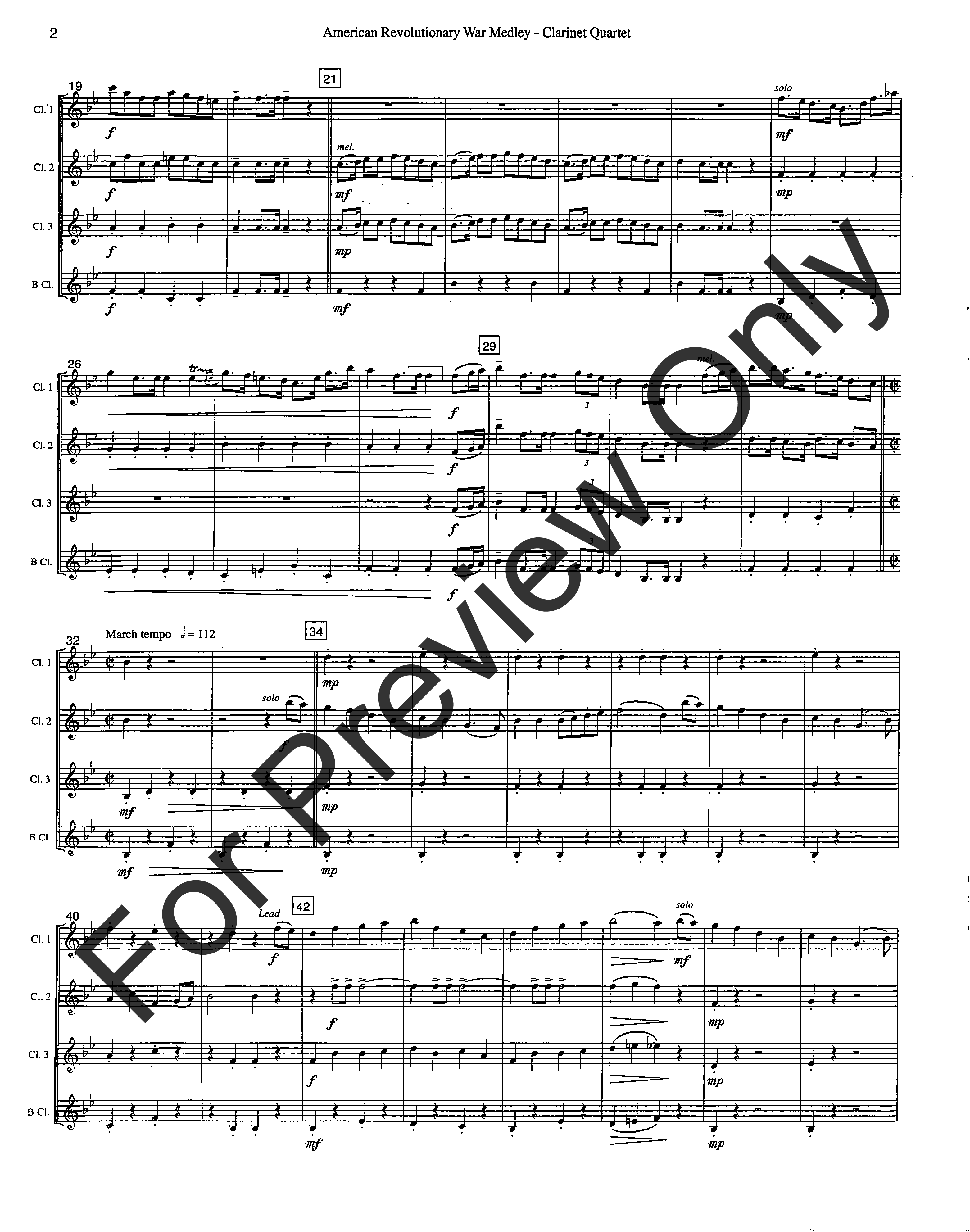 American Revolutionary War Medley Clarinet Quartet - opt. bass clarinet for clarinet 4