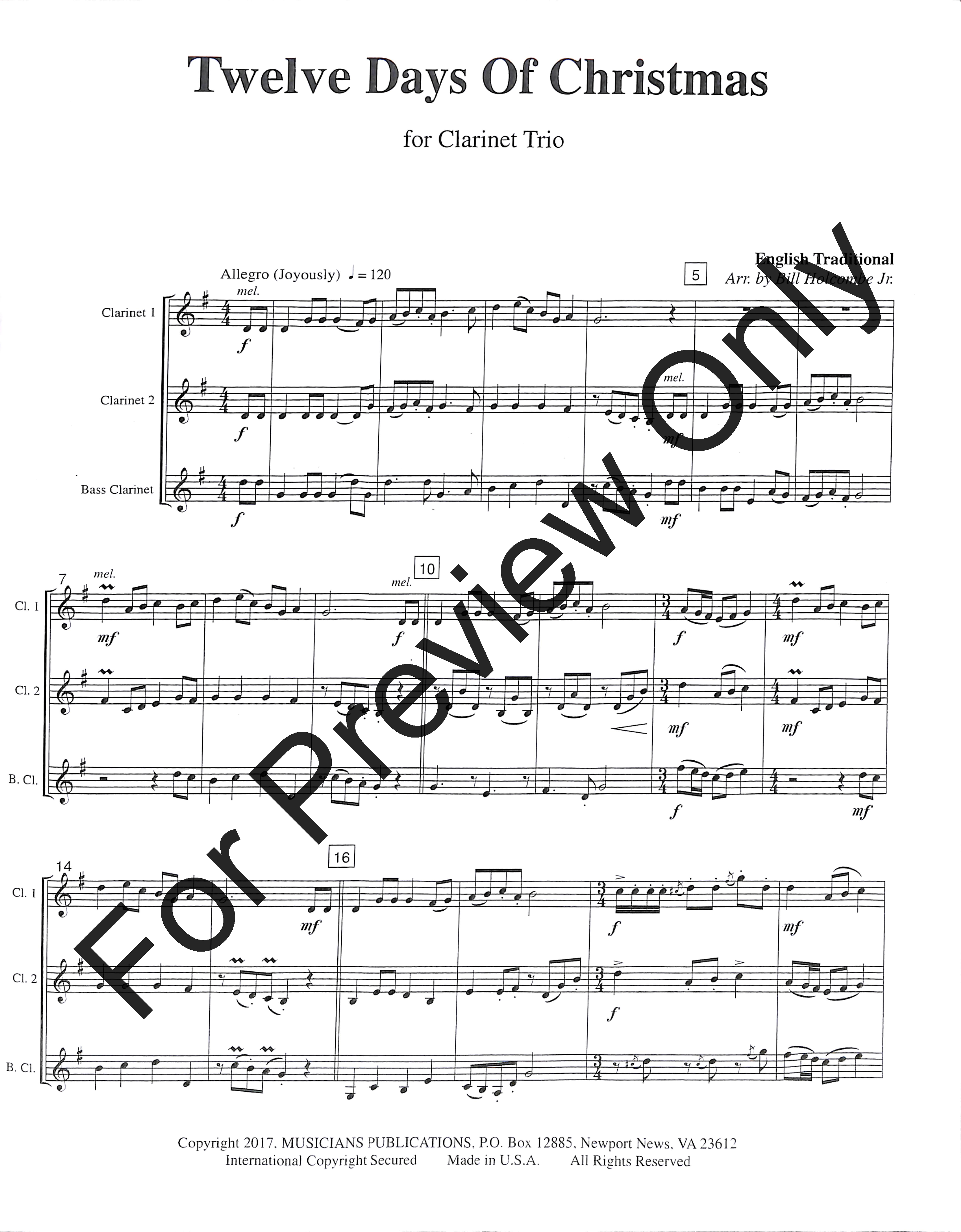 The Twelve Days of Christmas Clarinet Trio - opt. bass clarinet part