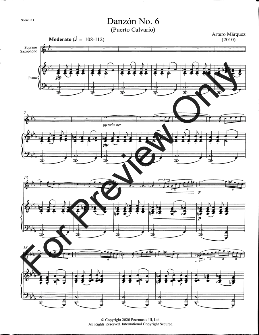 Danzon No. 6 Soprano Sax and Piano Reduction
