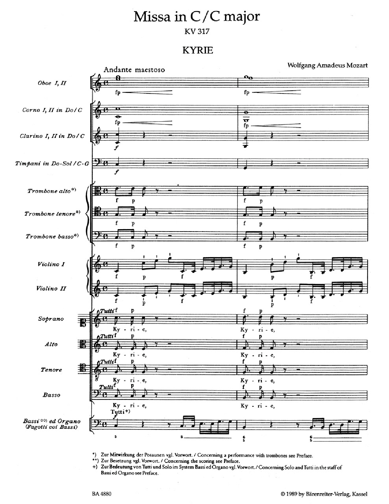 Missa in C Major K.317 Coronation Mass Full Score