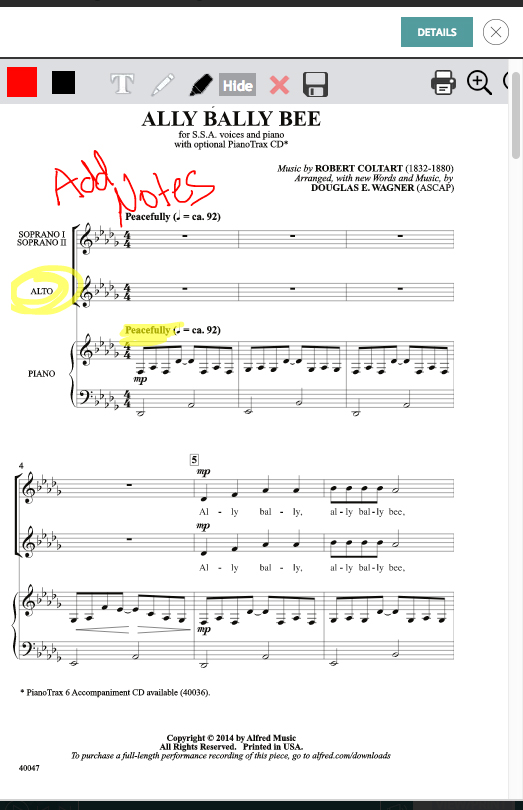 Mark-up and notes on digital sheet music