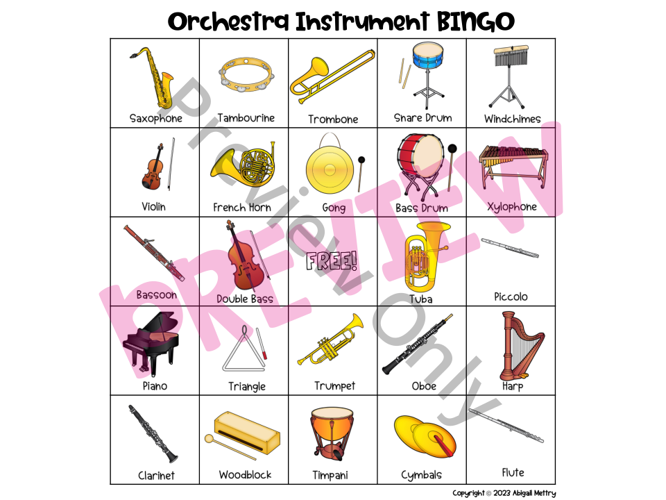 Orchestra Instruments BINGO Game Audio Examples for Each Instrument!