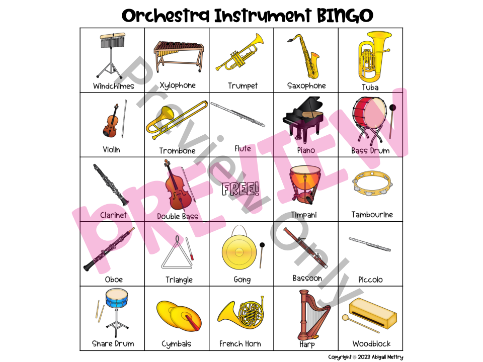 Orchestra Instruments BINGO Game Audio Examples for Each Instrument!